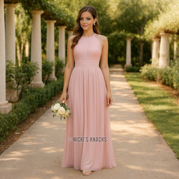 Bill Levkoff Frost Rose Halter Chiffon Bridesmaid Formal Maxi Dress Size 12 - Picture 1 of 12